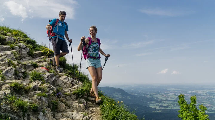 Wandern in den Chiemgauer Alpen | © DAV/Hans Herbig Abstieg: Zwei Wanderer auf den grünen Berghängen der Chiemgauer Alpen | © DAV/Hans Herbig